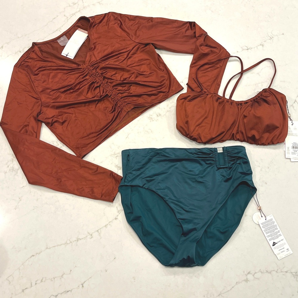 CALIA Swimsuit 3pc Set Rash Guard Bikini Top Bottoms L/M Rust Teal Tummy Control